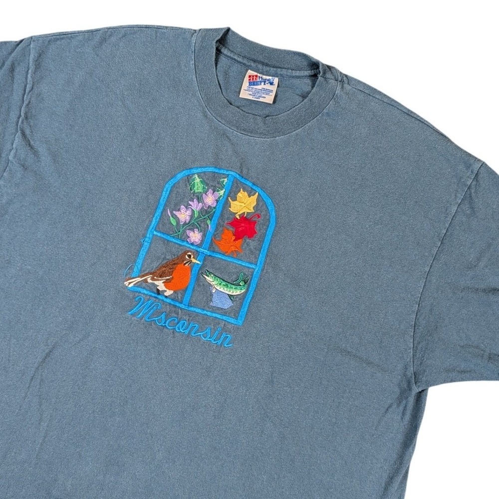 Hanes Beefy-T Wisconsin Embroidered Nature Window Blue T-Shirt Mens XL Vintage
